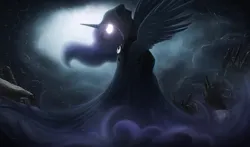 Size: 4250x2500 | Tagged: safe, artist:ncmares, derpibooru import, princess luna, spirit of hearth's warming yet to come, alicorn, pony, female, g4, glow, glowing eyes, high res, horn, image, jpeg, mare, night, outdoors, solo, spread wings, wallpaper, wings
