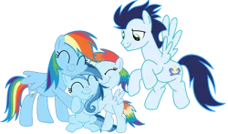 Size: 3812x2235 | Tagged: safe, derpibooru import, rainbow dash, soarin', oc, oc:ragtag, oc:shooting star, pegasus, pony, female, filly, foal, hug, image, male, mare, offspring, parent:rainbow dash, parent:soarin', parents:soarindash, png, shipping, siblings, simple background, soarindash, stallion, straight, transparent background, twins