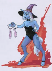 Size: 759x1025 | Tagged: safe, artist:adeptus-monitus, derpibooru import, trixie, anthro, bunny ears, bunny suit, clothes, comparison, draw this again, hat, image, jpeg, redraw, solo, wizard hat