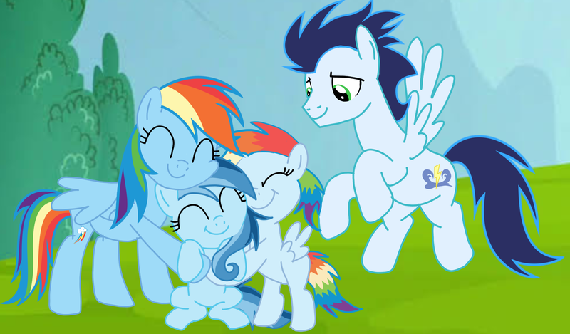 Size: 3812x2235 | Tagged: safe, derpibooru import, rainbow dash, soarin', oc, oc:ragtag, oc:shooting star, pegasus, pony, female, filly, foal, hug, image, male, mare, offspring, parent:rainbow dash, parent:soarin', parents:soarindash, png, shipping, siblings, soarindash, stallion, straight, twins