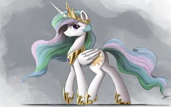 Size: 4000x2500 | Tagged: safe, artist:ncmares, derpibooru import, princess celestia, alicorn, pony, crown, female, folded wings, g4, high res, hoof shoes, horn, image, jewelry, jpeg, looking at you, mare, peytral, princess shoes, profile, regalia, side view, smiling, smiling at you, solo, tail, wings