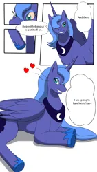 Size: 720x1280 | Tagged: safe, artist:avianine, artist:wolferion, derpibooru import, princess luna, alicorn, pony, comic, dialogue, furry to pony, grin, heart, image, lying down, png, ponysuit, prone, quadsuit, s1 luna, smiling, suiting, transformation