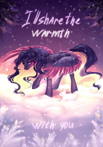 Size: 1443x2048 | Tagged: safe, artist:sparkling_light, derpibooru import, oc, unofficial characters only, pegasus, pony, rabbit, animal, coat markings, duo, facial markings, female, image, jpeg, mare, snow, spread wings, star (coat marking), tree, wings, winter
