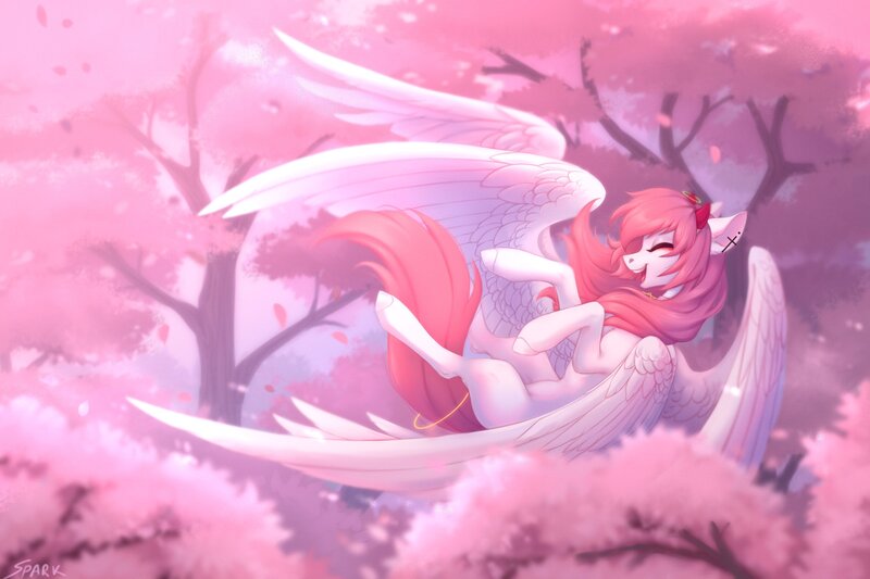 Size: 3000x2000 | Tagged: safe, artist:sparkling_light, derpibooru import, oc, unofficial characters only, pegasus, pony, cherry blossoms, choker, ear piercing, earring, female, flower, flower blossom, flying, forest, halo, horns, image, jewelry, jpeg, mare, multiple wings, nature, piercing, solo, tree, wings