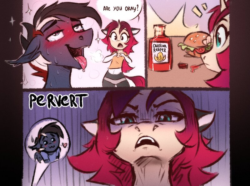 Size: 2685x2000 | Tagged: suggestive, artist:sparkling_light, derpibooru import, oc, unofficial characters only, anthro, bat pony, unicorn, ahegao, blushing, blushing profusely, burger, chilli, clothes, comic, dialogue, duo, fangs, floating heart, food, heart, horn, hot sauce, image, jpeg, male, open mouth, panties, pervert, sauce, short shirt, speech bubble, sweat, tongue out, underwear