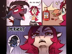 Size: 2685x2000 | Tagged: suggestive, artist:sparkling_light, derpibooru import, oc, unofficial characters only, anthro, bat pony, unicorn, ahegao, blushing, blushing profusely, burger, chilli, clothes, comic, dialogue, duo, fangs, floating heart, food, heart, horn, hot sauce, image, jpeg, male, open mouth, panties, pervert, sauce, short shirt, speech bubble, sweat, tongue out, underwear