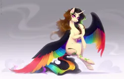 Size: 2685x1707 | Tagged: safe, artist:sparkling_light, derpibooru import, oc, unofficial characters only, alicorn, pony, abstract background, alicorn oc, colored wings, female, flying, horn, image, jpeg, looking at you, mare, multicolored wings, rainbow wings, solo, wings