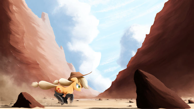 Size: 5000x2813 | Tagged: safe, artist:ncmares, derpibooru import, applejack, earth pony, pony, action pose, applejack's hat, boots, canyon, clothes, cloud, cowboy hat, dust, female, fireproof boots, freckles, g4, galloping, grin, hat, high res, image, mare, outdoors, png, rock, running, scenery, shoes, signature, sky, smiling, solo, stetson, tail
