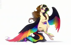 Size: 2685x1707 | Tagged: safe, alternate version, artist:sparkling_light, derpibooru import, oc, unofficial characters only, alicorn, pony, alicorn oc, colored wings, female, flying, horn, image, jpeg, looking at you, mare, multicolored wings, rainbow wings, simple background, solo, white background, wings