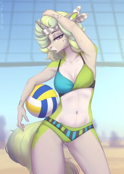 Size: 1407x1967 | Tagged: suggestive, artist:sparkling_light, derpibooru import, oc, unofficial characters only, anthro, earth pony, bandana, beach, beach volleyball, belly button, bikini, bikini bottom, bikini top, breasts, clothes, ear fluff, female, image, jpeg, solo, solo female, sports, sweat, swimsuit, volleyball