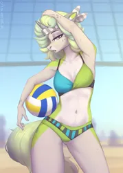 Size: 1407x1967 | Tagged: suggestive, artist:sparkling_light, derpibooru import, oc, unofficial characters only, anthro, earth pony, bandana, beach, beach volleyball, belly button, bikini, bikini bottom, bikini top, breasts, clothes, ear fluff, female, image, jpeg, solo, solo female, sports, sweat, swimsuit, volleyball