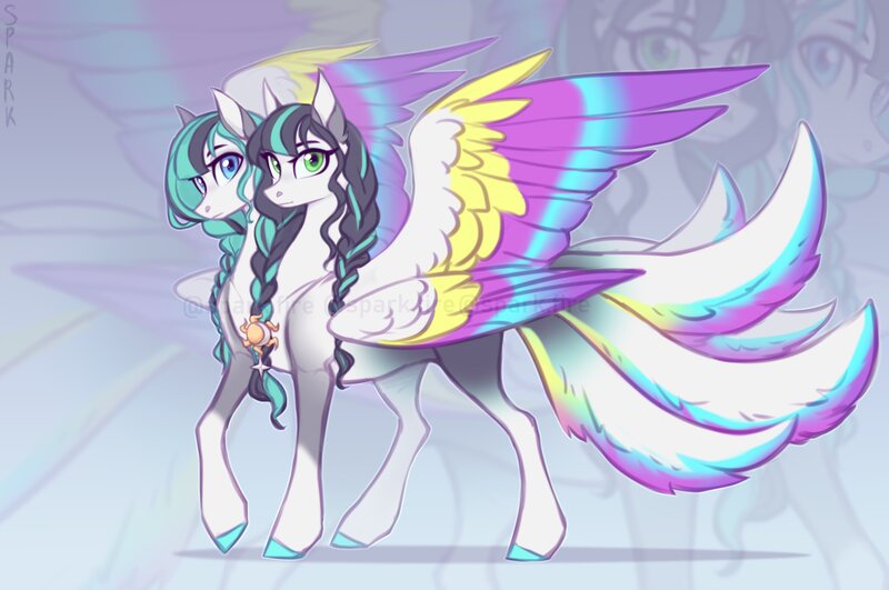 Size: 2883x1914 | Tagged: safe, artist:sparkling_light, derpibooru import, oc, unofficial characters only, pegasus, pony, braid, colored wings, female, image, jewelry, jpeg, mare, multiple heads, multiple tails, multiple wings, necklace, tail, wings