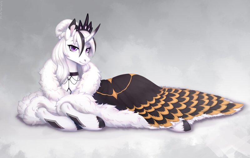 Size: 3788x2400 | Tagged: safe, artist:sparkling_light, derpibooru import, oc, unofficial characters only, pony, unicorn, choker, cloak, clothes, commission, female, hair bun, horn, image, jewelry, jpeg, looking at you, lying down, mare, prone, regalia, solo, unshorn fetlocks