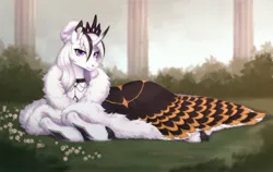 Size: 3788x2400 | Tagged: safe, alternate version, artist:sparkling_light, derpibooru import, oc, unofficial characters only, pony, unicorn, choker, cloak, clothes, commission, female, hair bun, horn, image, jewelry, jpeg, looking at you, lying down, mare, prone, regalia, solo, unshorn fetlocks
