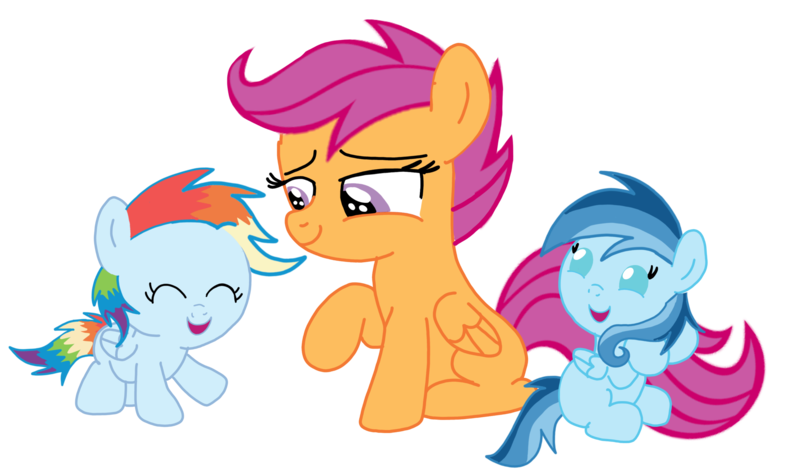 Size: 3812x2235 | Tagged: safe, derpibooru import, scootaloo, oc, oc:ragtag, oc:shooting star, pegasus, pony, baby, baby pony, female, filly, foal, image, offspring, parent:rainbow dash, parent:soarin', parents:soarindash, png, scootalove, siblings, simple background, transparent background, twins