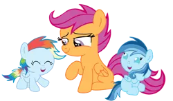 Size: 3812x2235 | Tagged: safe, derpibooru import, scootaloo, oc, oc:ragtag, oc:shooting star, pegasus, pony, baby, baby pony, female, filly, foal, image, offspring, parent:rainbow dash, parent:soarin', parents:soarindash, png, scootalove, siblings, simple background, transparent background, twins