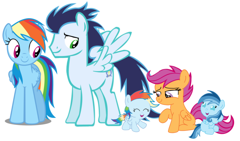Size: 3812x2235 | Tagged: safe, derpibooru import, rainbow dash, scootaloo, soarin', oc, oc:ragtag, oc:shooting star, pegasus, pony, baby, baby pony, female, filly, foal, image, male, mare, offspring, parent:rainbow dash, parent:soarin', parents:soarindash, png, scootalove, shipping, siblings, simple background, soarindash, stallion, straight, transparent background, twins
