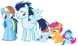 Size: 3812x2235 | Tagged: safe, derpibooru import, rainbow dash, scootaloo, soarin', oc, oc:ragtag, oc:shooting star, pegasus, pony, baby, baby pony, female, filly, foal, image, male, mare, offspring, parent:rainbow dash, parent:soarin', parents:soarindash, png, scootalove, shipping, siblings, simple background, soarindash, stallion, straight, transparent background, twins