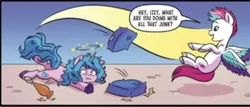 Size: 654x279 | Tagged: safe, derpibooru import, idw, izzy moonbow, zipp storm, pegasus, pony, unicorn, g5, spoiler:comic, spoiler:g5, spoiler:g5comic, circling stars, comic, cute, dizzy, flying, horn, image, izzybetes, maretime bay, official comic, png, spread wings, wings