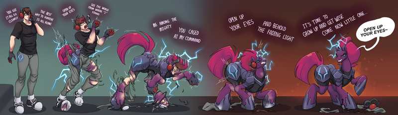 Size: 8060x2346 | Tagged: safe, artist:squaretwtwyc, derpibooru import, tempest shadow, human, pony, unicorn, clothes, headphones, high res, horn, human to pony, image, jpeg, male to female, open up your eyes, possession, rule 63, transformation, transformation sequence, transforming clothes, transgender transformation, wide hips