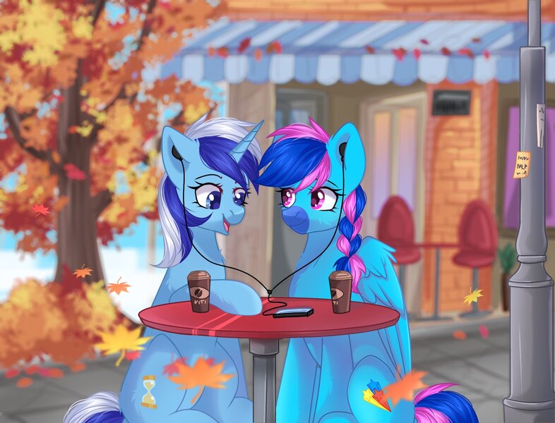 Size: 1860x1419 | Tagged: safe, artist:arllistar, derpibooru import, minuette, oc, oc:laser shine, pegasus, pony, unicorn, autumn, braid, braided ponytail, coffee cup, commission, cup, earbuds, facial markings, falling leaves, female, horn, image, jpeg, lantern, leaves, mare, mealy mouth (coat marking), mobile phone, phone, ponytail, smartphone, table, ych result