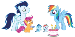 Size: 3812x1876 | Tagged: safe, derpibooru import, rainbow dash, scootaloo, soarin', oc, oc:ragtag, oc:shooting star, pegasus, pony, baby, baby pony, birthday, cake, female, filly, foal, food, image, male, mare, offspring, parent:rainbow dash, parent:soarin', parents:soarindash, png, shipping, siblings, simple background, soarindash, stallion, straight, transparent background, twins