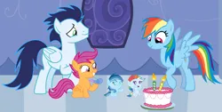 Size: 3812x1926 | Tagged: safe, derpibooru import, rainbow dash, scootaloo, soarin', oc, oc:ragtag, oc:shooting star, pegasus, pony, baby, baby pony, birthday, cake, female, filly, foal, food, image, male, mare, offspring, parent:rainbow dash, parent:soarin', parents:soarindash, png, shipping, siblings, soarindash, stallion, straight, twins