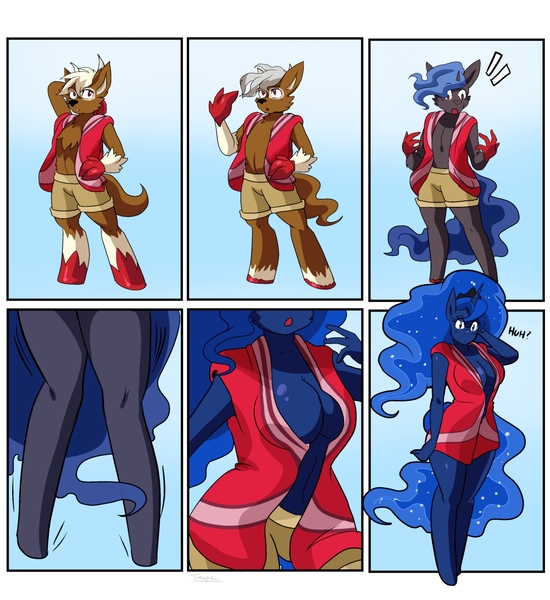 Size: 2117x2308 | Tagged: safe, artist:traupa, derpibooru import, princess luna, oc, anthro, deer, unguligrade anthro, anatomically incorrect, breasts, cleavage, confused, furry, furry oc, furry to anthro, high res, image, incorrect leg anatomy, jpeg, male to female, rule 63, transformation, transformation sequence, transgender transformation