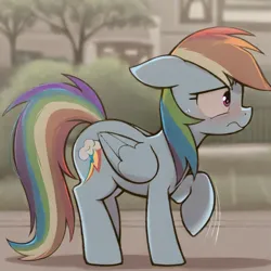 Size: 640x640 | Tagged: prompter needed, safe, ai content, derpibooru import, machine learning generated, novelai, stable diffusion, rainbow dash, pegasus, pony, blurry background, blushing, building, female, floppy ears, full body, g4, image, mare, nervous, outdoors, png, raised hoof, road, shadow, side view, solo, sweat, sweatdrop, tree, wavy mouth