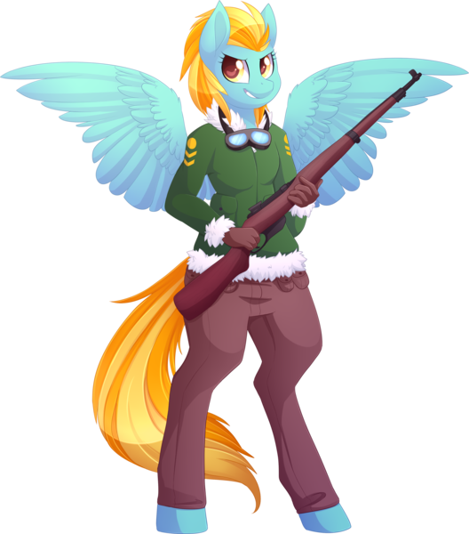 Size: 2297x2610 | Tagged: safe, artist:scarlet-spectrum, lightning dust, anthro, pegasus, unguligrade anthro, clothes, coat, commission, female, goggles, gun, image, pants, png, simple background, smiling, solo, transparent background, watermark, weapon