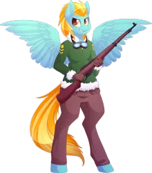 Size: 2297x2610 | Tagged: safe, artist:scarlet-spectrum, lightning dust, anthro, pegasus, unguligrade anthro, clothes, coat, commission, female, goggles, gun, image, pants, png, simple background, smiling, solo, transparent background, watermark, weapon