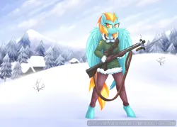 Size: 1260x900 | Tagged: safe, artist:scarlet-spectrum, lightning dust, anthro, unguligrade anthro, clothes, coat, female, goggles, gun, image, pants, png, rifle, snow, solo, watermark, weapon