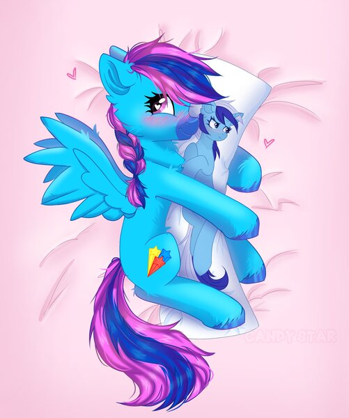 Size: 1687x2020 | Tagged: safe, artist:arllistar, derpibooru import, minuette, oc, oc:laser shine, pegasus, pony, unicorn, bed, blushing, body pillow, canon x oc, facial markings, female, heart, heart eyes, horn, hug, image, jpeg, mare, mealy mouth (coat marking), pillow, pillow hug, solo, unshorn fetlocks, wingding eyes