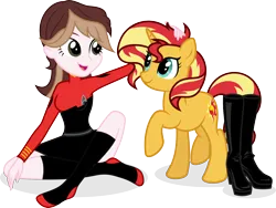 Size: 1432x1074 | Tagged: safe, artist:shizow, derpibooru import, sunset shimmer, oc, oc:captain becky ray shoichet, pony, equestria girls, boots, clothes, g4, image, png, rebecca shoichet, shoes, simple background, transparent background, vector