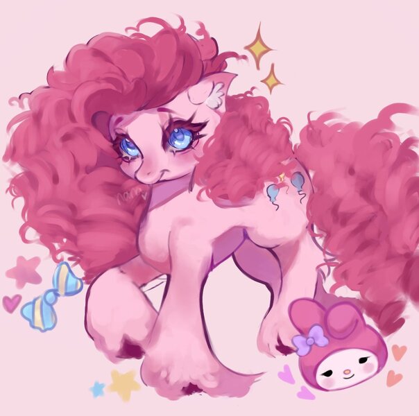 Size: 923x917 | Tagged: safe, artist:nan3nby, derpibooru import, pinkie pie, earth pony, pony, rabbit, animal, crossover, duo, ear fluff, female, g4, hello kitty, image, jpeg, mare, my melody, pink background, simple background, unshorn fetlocks