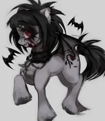 Size: 997x1148 | Tagged: safe, artist:nan3nby, derpibooru import, oc, unofficial characters only, bat, bat pony, pony, blood, choker, ear fluff, fangs, female, gray background, image, jewelry, jpeg, mare, necklace, simple background, solo