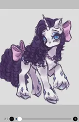 Size: 720x1107 | Tagged: safe, artist:nan3nby, derpibooru import, rarity, pony, unicorn, alternate hairstyle, bow, ear piercing, earring, female, g4, gray background, hair bow, horn, image, jewelry, jpeg, mare, necklace, piercing, ringlets, simple background, solo, tail, tail bow, unshorn fetlocks, wip