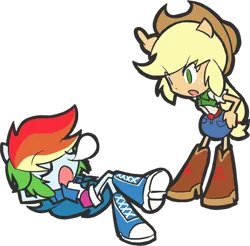 Size: 712x701 | Tagged: safe, artist:rvceric, applejack, rainbow dash, human, equestria girls, boots, chibi, clothes, cowboy hat, denim skirt, doll, eared humanization, equestria girls minis, eyes closed, female, g4, hat, humanized, image, on back, pixiv, png, shoes, shorts, simple background, skirt, sleeping, stetson, toy, transparent background