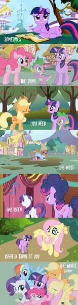 Size: 736x2862 | Tagged: safe, derpibooru import, edit, edited screencap, screencap, applejack, fluttershy, pinkie pie, rainbow dash, rarity, spike, twilight sparkle, dragon, earth pony, pegasus, pony, unicorn, friendship is magic, season 1, female, g4, image, jpeg, male, mane seven, mane six, mare, messy mane, unicorn twilight