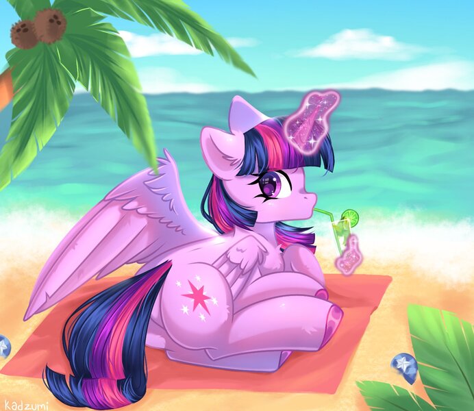 Size: 1351x1172 | Tagged: safe, artist:arllistar, derpibooru import, twilight sparkle, twilight sparkle (alicorn), alicorn, pony, beach, blanket, drink, female, floppy ears, image, jpeg, looking at you, magic, magic aura, mare, ocean, palm tree, sand, solo, straw, telekinesis, tree, water