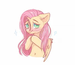 Size: 1451x1261 | Tagged: safe, artist:arllistar, derpibooru import, fluttershy, pegasus, pony, belly button, blushing, female, hooves together, image, jpeg, looking at you, mare, simple background, solo, white background