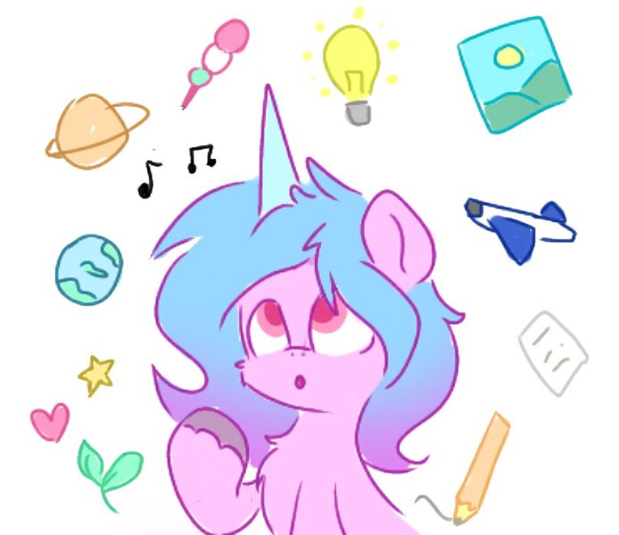 Size: 806x697 | Tagged: safe, artist:comfort_ponies, derpibooru import, izzy moonbow, pony, unicorn, g5, bulb, cute, earth, heart, horn, image, jpeg, music notes, open mouth, paper, pencil, plane, planet, raised hoof, simple background, stars, toy plane, white background