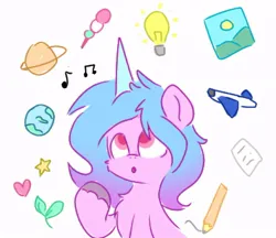 Size: 806x697 | Tagged: safe, artist:comfort_ponies, derpibooru import, izzy moonbow, pony, unicorn, g5, bulb, cute, earth, heart, horn, image, jpeg, music notes, open mouth, paper, pencil, plane, planet, raised hoof, simple background, stars, toy plane, white background