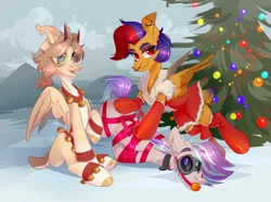 Size: 4700x3500 | Tagged: safe, artist:k0potb, derpibooru import, oc, oc:k0potb, oc:wattlan leyn, unofficial characters only, arrested, bondage, christmas, christmas tree, clothes, detention, holiday, horns, image, png, rope, rope bondage, shibari, snow, tree