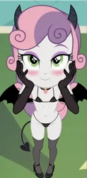 Size: 592x1200 | Tagged: suggestive, ai content, banned from derpibooru, machine learning generated, sweetie belle, succubus, equestria girls, bat wings, bedroom eyes, belly button, bikini, blushing, breasts, child, chocker, choker, clothes, delicious flat chest, demon horns, demon tail, demon wings, eyeshadow, fangs, female, gloves, heart choker, high heels, hips, horns, image, jewelry, lidded eyes, lingerie, lolicon, long gloves, looking at you, makeup, micro bikini, naughty, panties, pendant, png, seduction, seductive, seductive look, seductive pose, seductive smile, shoes, socks, swimsuit, tail, thigh highs, thong, underage, underwear, wings