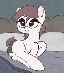 Size: 696x798 | Tagged: suggestive, artist:castafae, derpibooru import, oc, oc:velveteen, unofficial characters only, earth pony, pony, adult blank flank, bed, blank flank, butt, clothes, ear fluff, fangs, female, gray underwear, image, lidded eyes, looking up, lying down, mare, plot, png, prone, short hair, short tail, side, solo, striped underwear, tail, tail aside, underwear