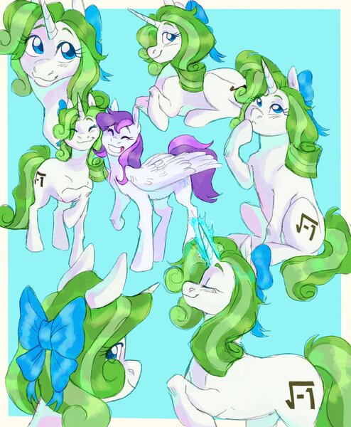 Size: 1400x1700 | Tagged: safe, artist:abbytabbys, derpibooru import, oc, oc:minty root, oc:snow kicker, unofficial characters only, pegasus, pony, unicorn, blue background, blue bow, blue eyes, border, bow, colored eyebrows, commission, curly mane, curly tail, cyan background, doodle dump, doodle page, duo, duo female, eye clipping through hair, eyebrows, eyebrows visible through hair, female, folded wings, glow, glowing horn, green mane, green tail, hair bow, horn, image, jpeg, long mane, long tail, looking at you, looking back, looking back at you, magic, mare, nuzzling, pegasus oc, profile, purple mane, purple tail, raised hoof, shiny mane, shiny tail, sibling love, siblings, simple background, sisterly love, sisters, sitting, smiling, smiling at you, solo focus, standing, tail, thinking, two toned mane, two toned tail, unicorn horn, unicorn oc, walking, white coat, wings