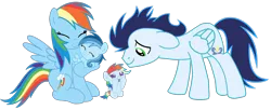 Size: 3812x1557 | Tagged: safe, derpibooru import, rainbow dash, soarin', oc, oc:ragtag, oc:shooting star, pegasus, pony, baby, baby pony, female, filly, foal, image, male, mare, offspring, parent:rainbow dash, parent:soarin', parents:soarindash, png, shipping, siblings, simple background, soarindash, stallion, straight, transparent background, twins