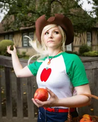 Size: 1080x1350 | Tagged: safe, derpibooru import, applejack, human, equestria girls, equestria girls series, apple, clothes, cosplay, costume, cowboy hat, female, food, hat, image, irl, irl human, jpeg, photo, solo, solo female