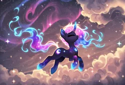 Size: 1216x832 | Tagged: prompter needed, safe, ai content, derpibooru import, machine learning generated, novelai, stable diffusion, oc, unofficial characters only, pony, unicorn, cloud, ethereal mane, ethereal tail, eyes closed, female, floating, full body, horn, image, mare, nebula, png, side view, smiling, solo, stars, tail, unicorn oc